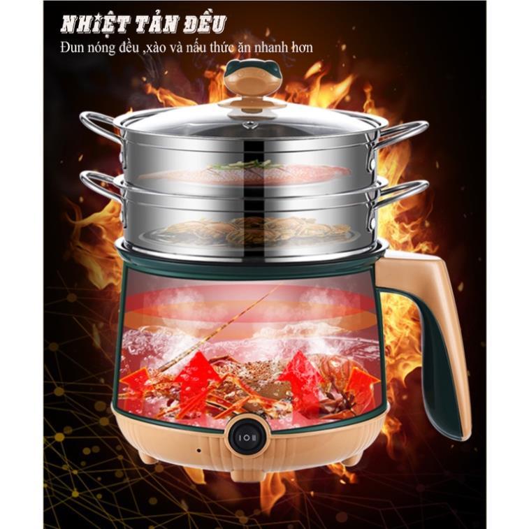 Ca nấu mì 1.8L SHANBAN đa năng có lồng hấp Inox Bếp lẩu điện nồi tráng men hấp, chiên, xào, lẩu, cháo, soup