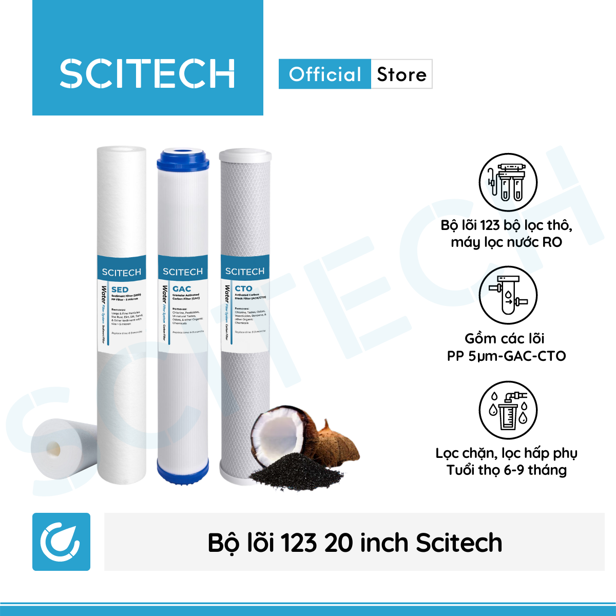 Bộ lõi lọc nước số 1,2,3 20 inch by Scitech dùng trong máy lọc nước RO, bộ lọc thô - Hàng chính hãng