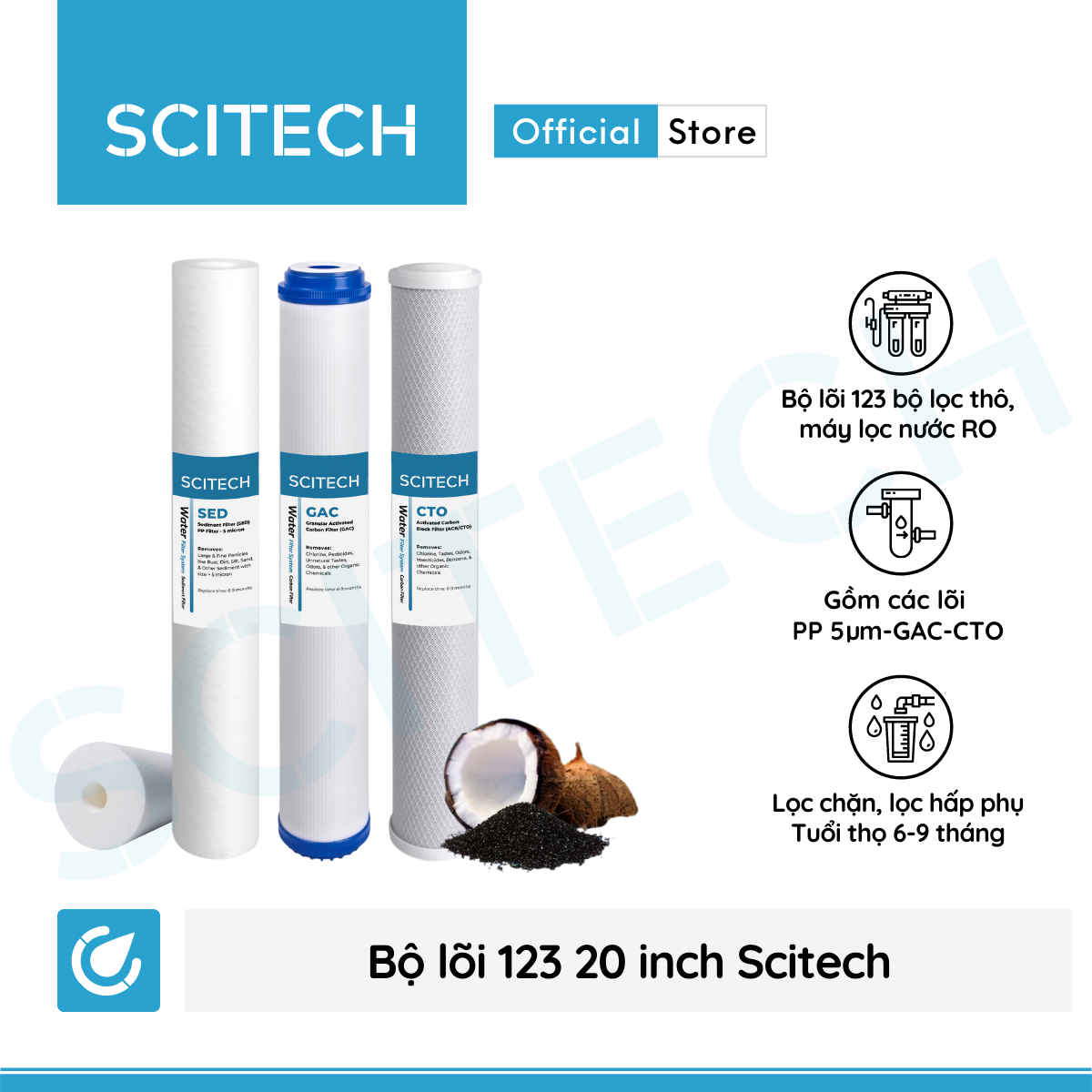 Bộ lõi lọc nước số 1,2,3 (PP-UDF-CTO) 20 inch by Scitech dùng trong máy lọc nước RO, bộ lọc thô - Hàng chính hãng