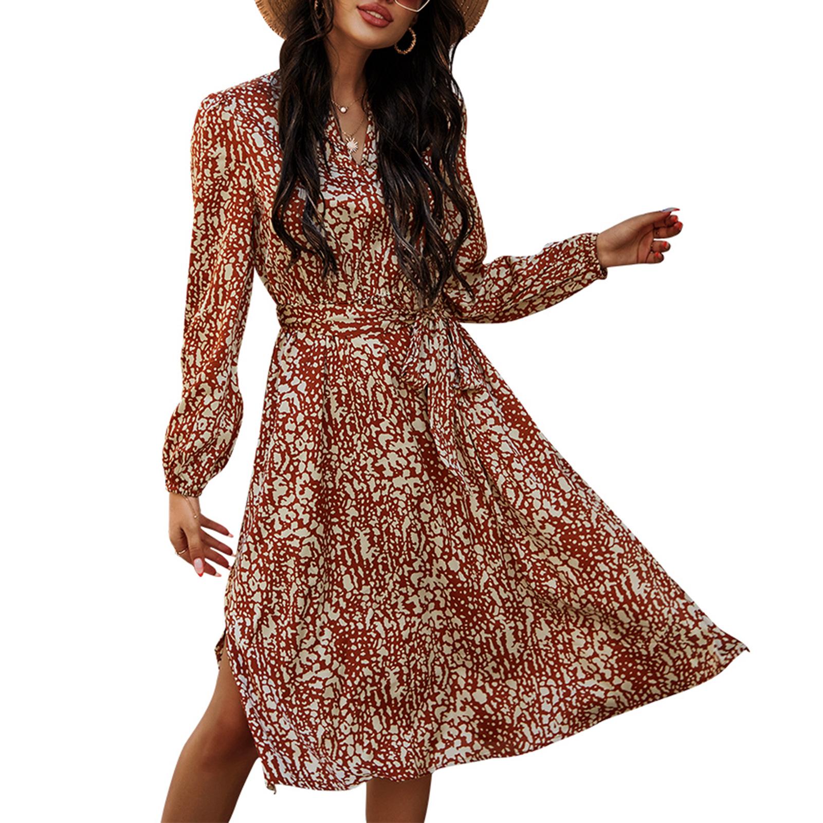 Women Leopard Dress Long Sleeve V Neck Belted High Waist Side Slit Spring Summer Casual Dresses
