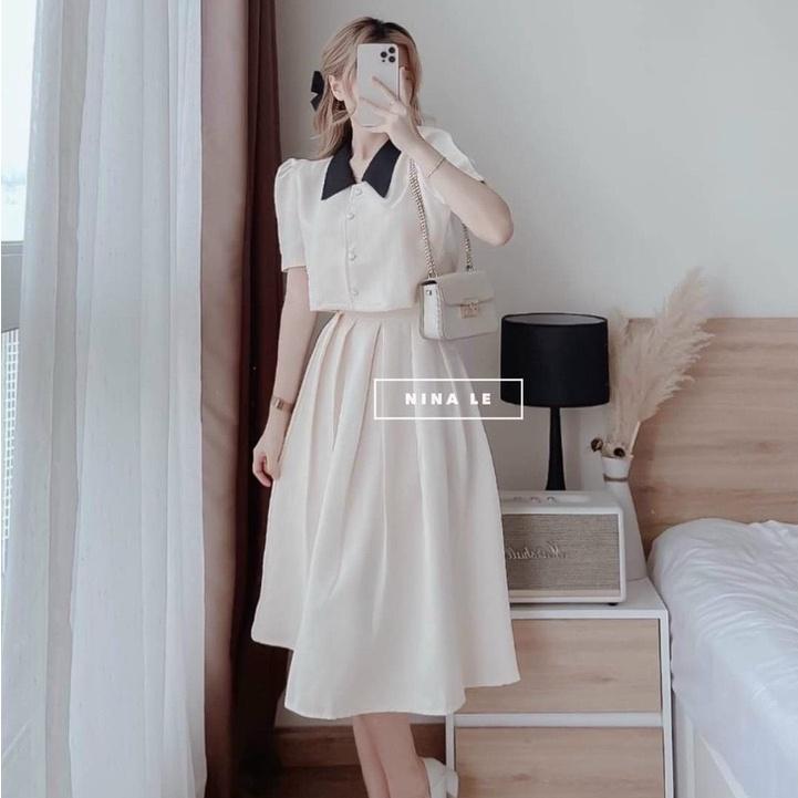 Sét áo nền trắng cổ v viền đen kèm chân váy trắng dáng dài thời trang nữ mùa hè