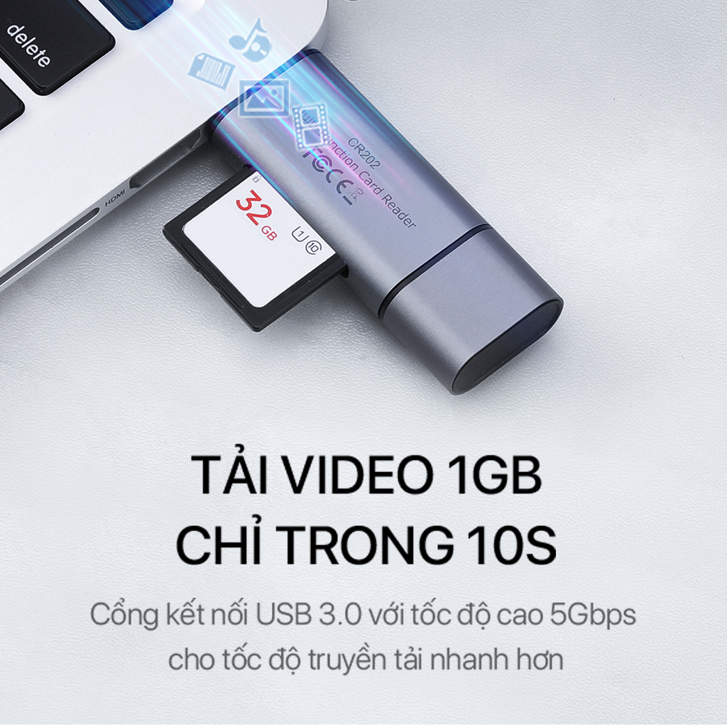 Thiết Bị Đọc Thẻ Nhớ ROBOT CR202 - 2 Đầu Type-C Và USB 3.0, Khe Cắm Thẻ Nhớ SD/Micro SD - Hàng Chính Hãng