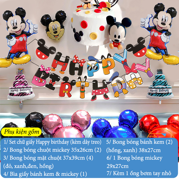 Set trang trí sinh nhật dây treo Happy birthday và bong bóng chuột mickey cho bé - Phụ kiện trang trí thôi nôi