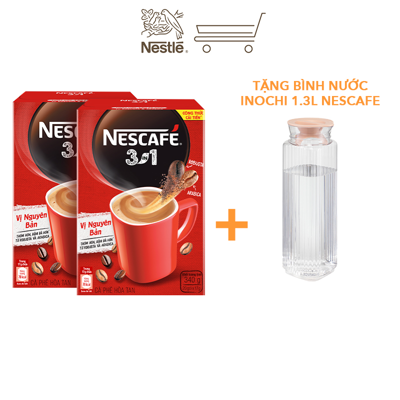 [Tặng Bình nước Inochi 1.3L NESCAFE] Combo 2 hộp cà phê hòa tan Nescafé 3IN1 công thức cải tiến - VỊ NGUYÊN BẢN (1 hộp x 20 gói x 17g)