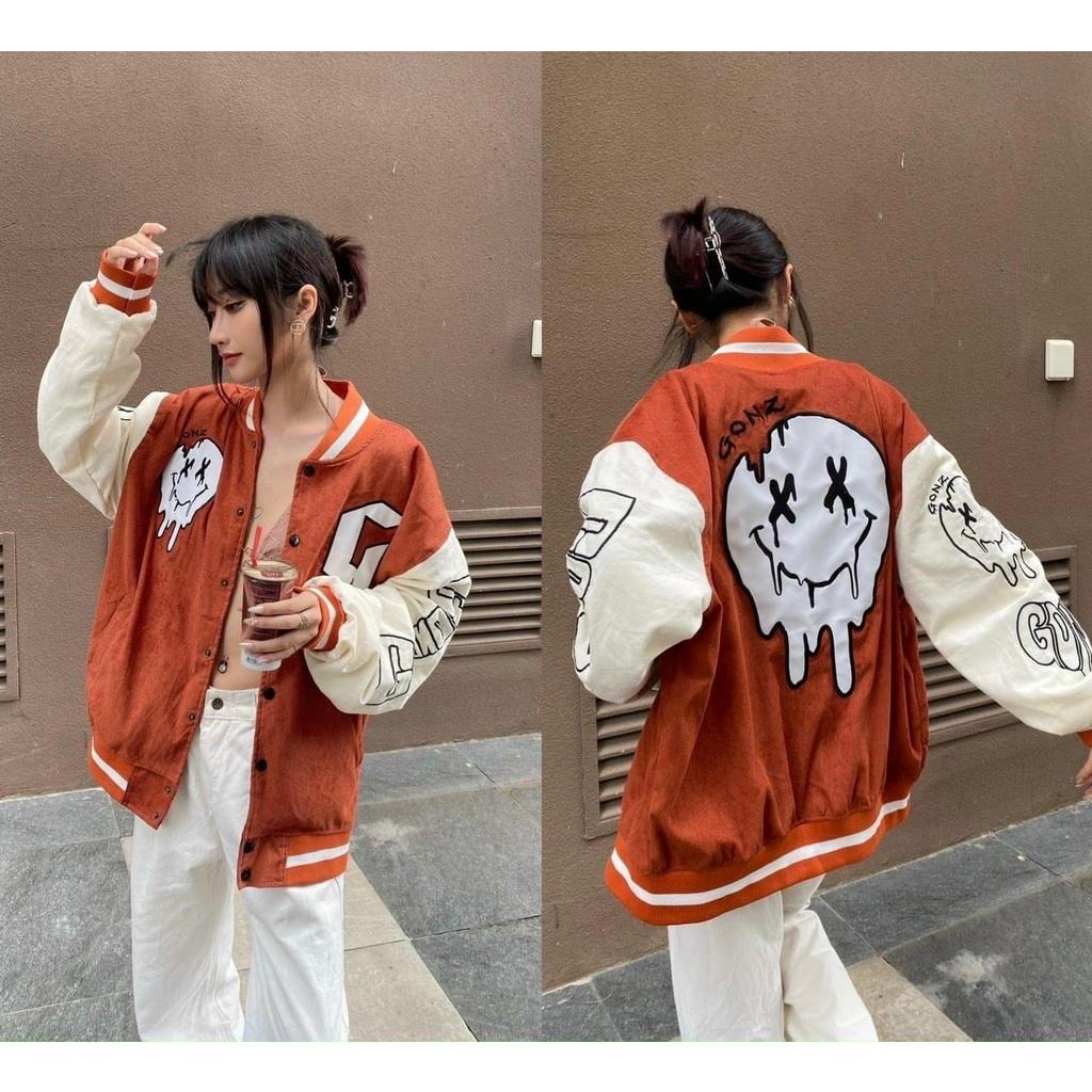 Áo Khoác Nhung Gân kiểu BomBer Nút Bấm thêu G Chất Nhung Mịn Đẹp Form rộng Unisex Nam Nữ Couple jacket Varsity