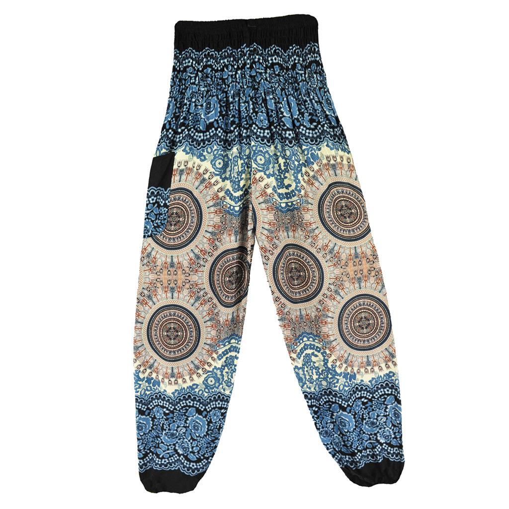 Women Smocked Waist Floral Rayon Yoga Boho Harem Pants, Breathable and White