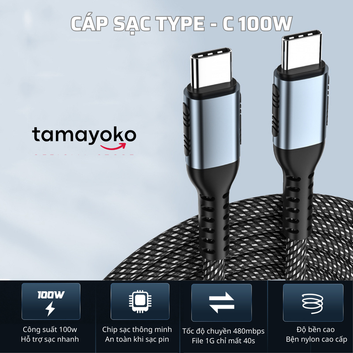 Dây Cáp Sạc Nhanh USB Type C to Type C 100W Dài 2M Dây Dù Siêu Bền Tốc Độ cao Chuyên Sạc Laptop, Smartphone, Tablet - Hàng Chính Hãng Tamayoko