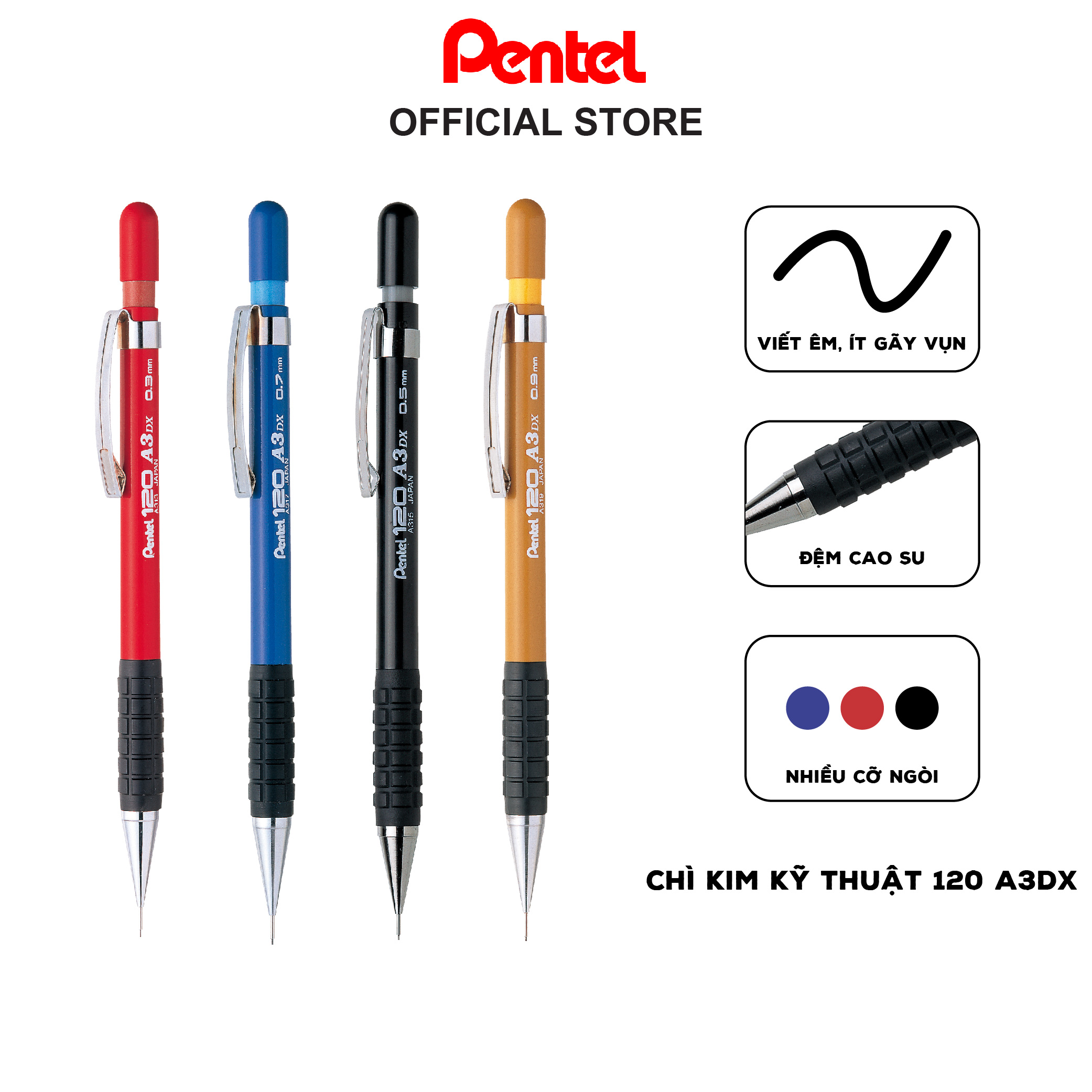 Chì kim kỹ thuật Pentel 120 A3 Dx| Mechanical Pencil | 4 Cỡ Ngòi 0.3mm-0.5mm-0.7mm-0.9mm