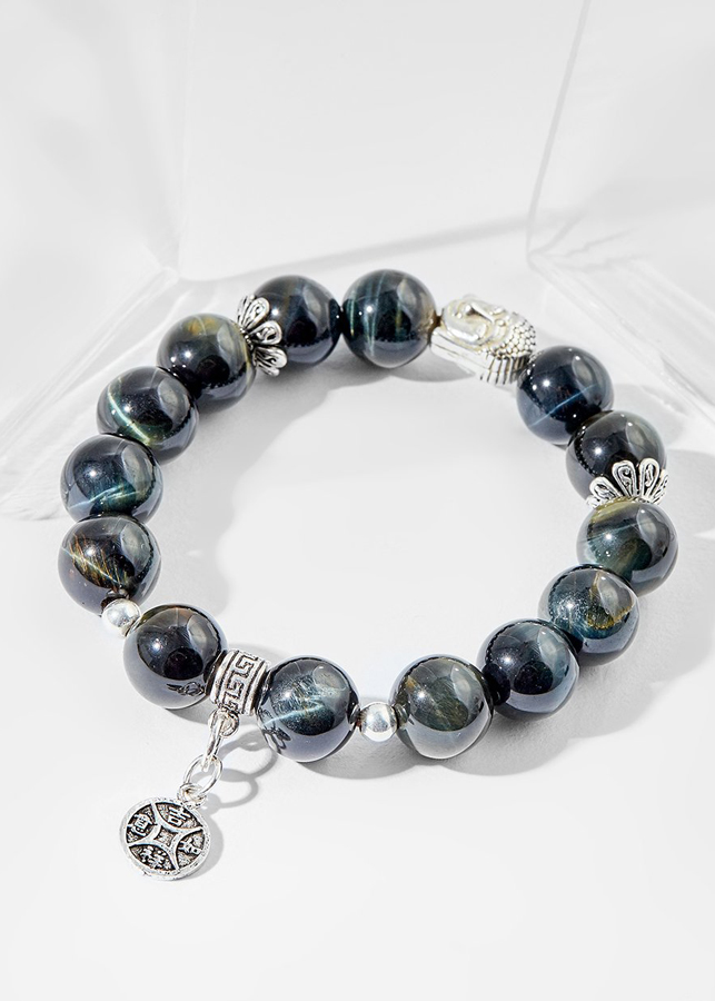 Vòng tay đá mắt hổ xanh đen charm tiền Ngọc Quý Gemstones