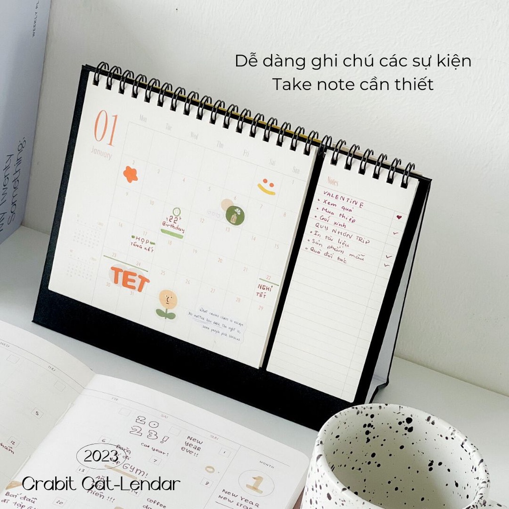 Lịch để bàn 2023 hoạ tiết Mèo Crabit Cat-Lendar basic lịch để bàn chữ A lò xo có ghi chú to-do list tiện lợi