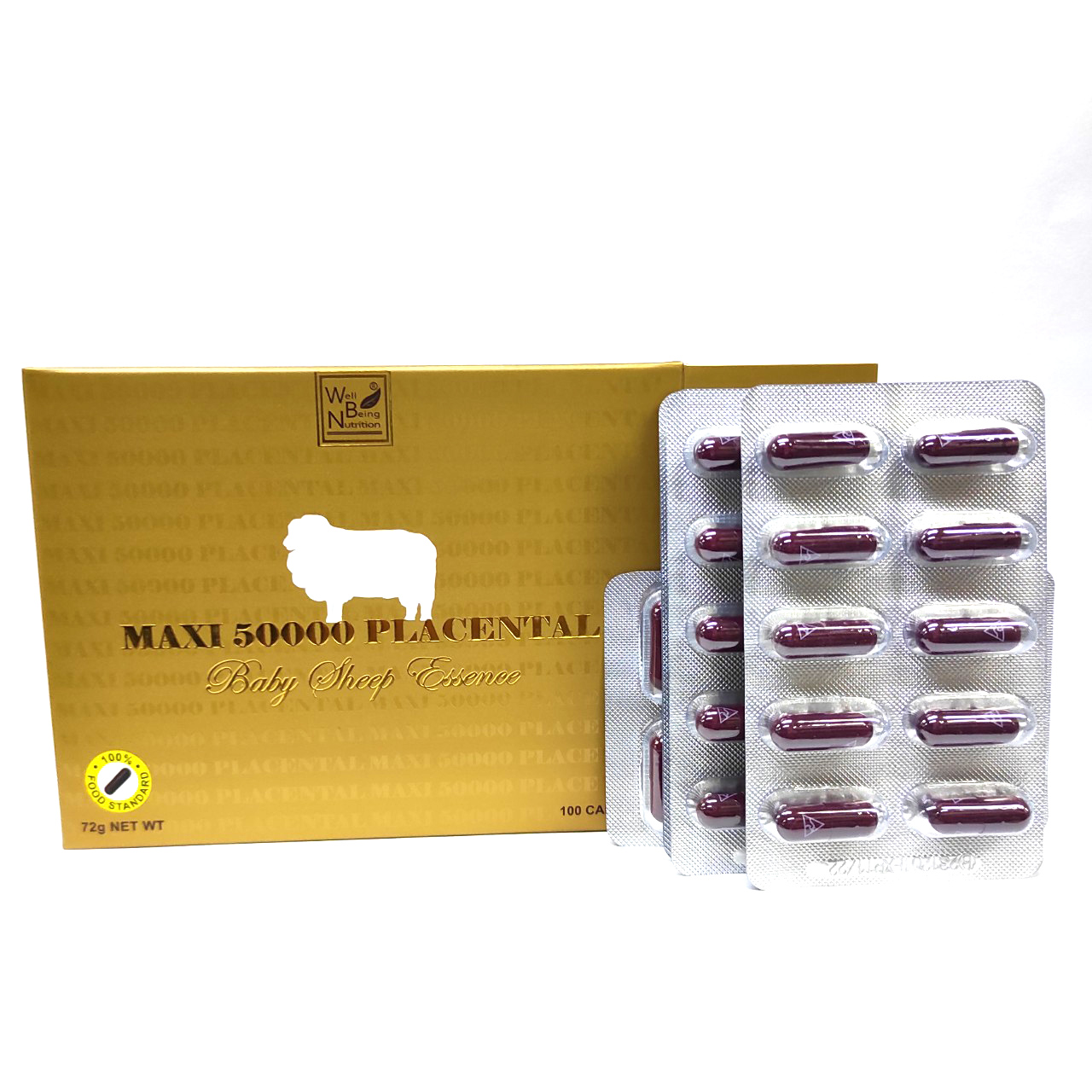 Viên uống nhau thai cừu WELL BEING NUTRITION MAXI 50000 PLACENTAL - 100 Viên - chống lão hóa da, tăng đàn hồi da, giúp da sáng mịn