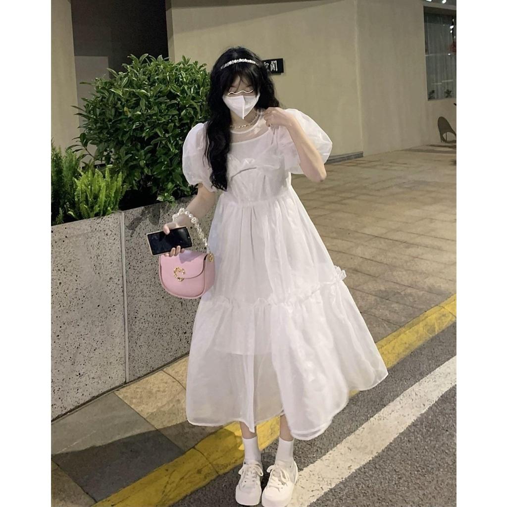 Váy Trắng 2 Lớp Nơ Ngực To Màu Trắng Ulzzang Hàn Quốc