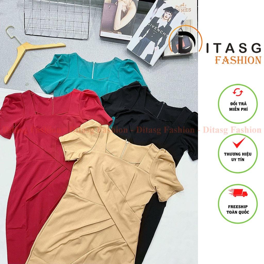 Đầm ôm body dự tiệc công sở thun trơn cổ vuông nhấn eo che bụng freesize dưới 60kg