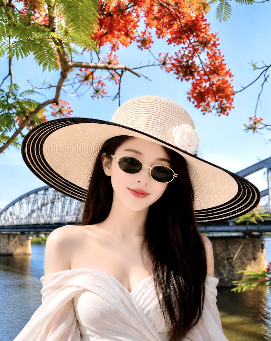 Mũ đi biển cho nữ phối hoa viền sọc, nón nữ vành rộng du lịch dã ngoại chống nắng chụp hình xinh thời trang Korea dona230626