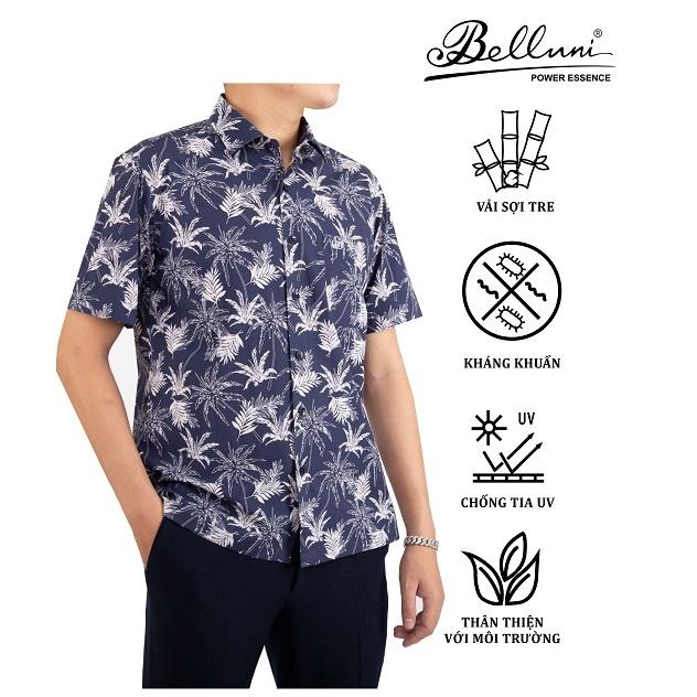 Áo sơ mi nam ngắn tay BELLUNI chất Bamboo màu xanh đen hoạ tiết in mới lạ - ABN.BPS.BE.200.BL2