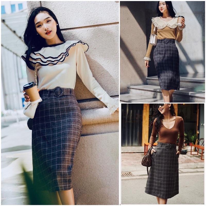 Chân váy kẻ công sở 2 túi thiết kế 2 lớp