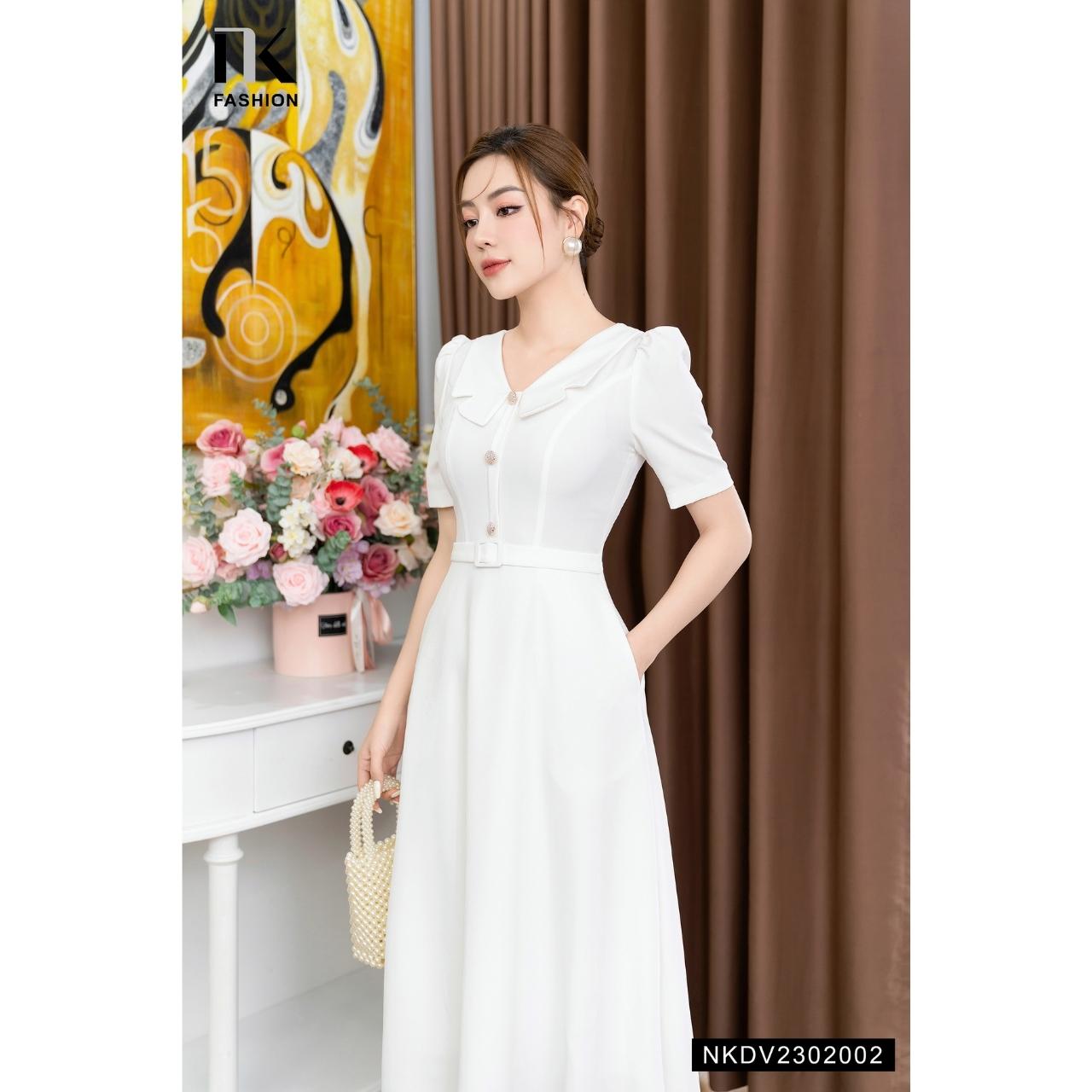 Đầm Xòe Cổ Sóng Thiết Kế Đai Bọc NK FASHION Trẻ Trung Thanh Lịch Chất Vải Nhập Hàn Cao Cấp Không Nhăn NKDV2302002