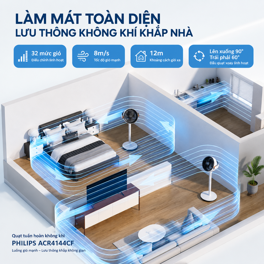 Quạt tuần hoàn không khí động cơ biến tần 32 tốc độ gió thương hiệu Hà Lan Philips ACR4144CF Serial 4000 - Hàng nhập khẩu