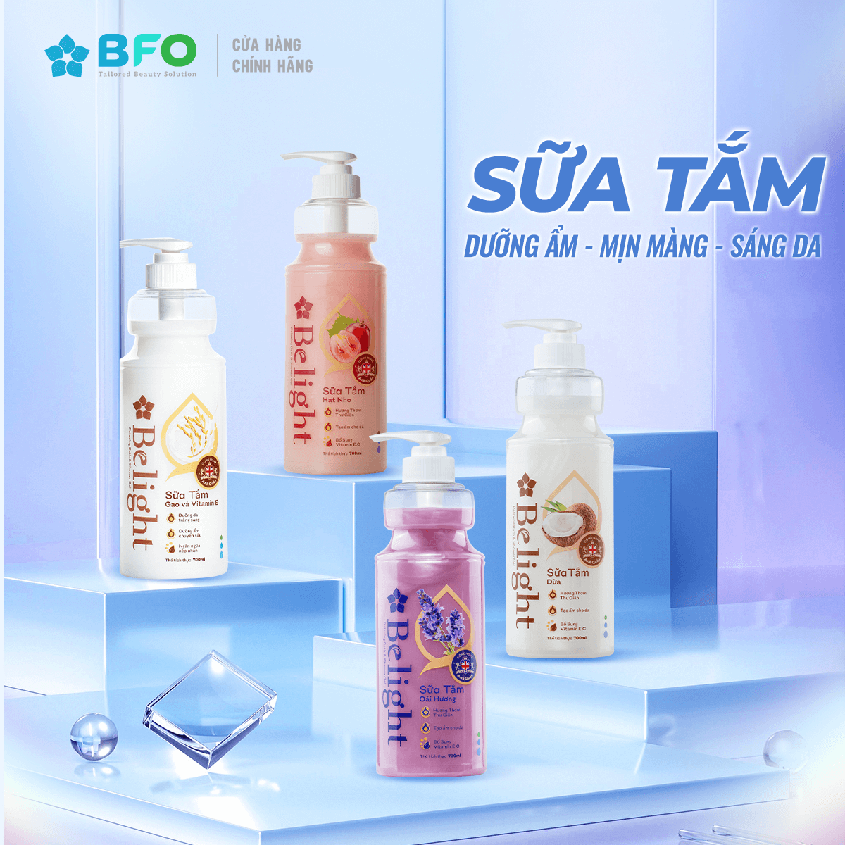 Sữa Tắm Lưu Hương Dưỡng Trắng Dưỡng Ẩm Belight Dưỡng Da Mềm Mịn Chiết Xuất Thiên Nhiên 700Ml - Sữa Tắm Gạo Và Vitamin E