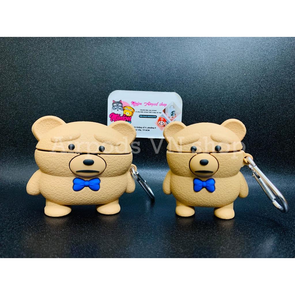 Bao Case Ốp dành cho Airpods 1/2, Airpods Pro gấu kute cột nơ xanh silicon cao cấp
