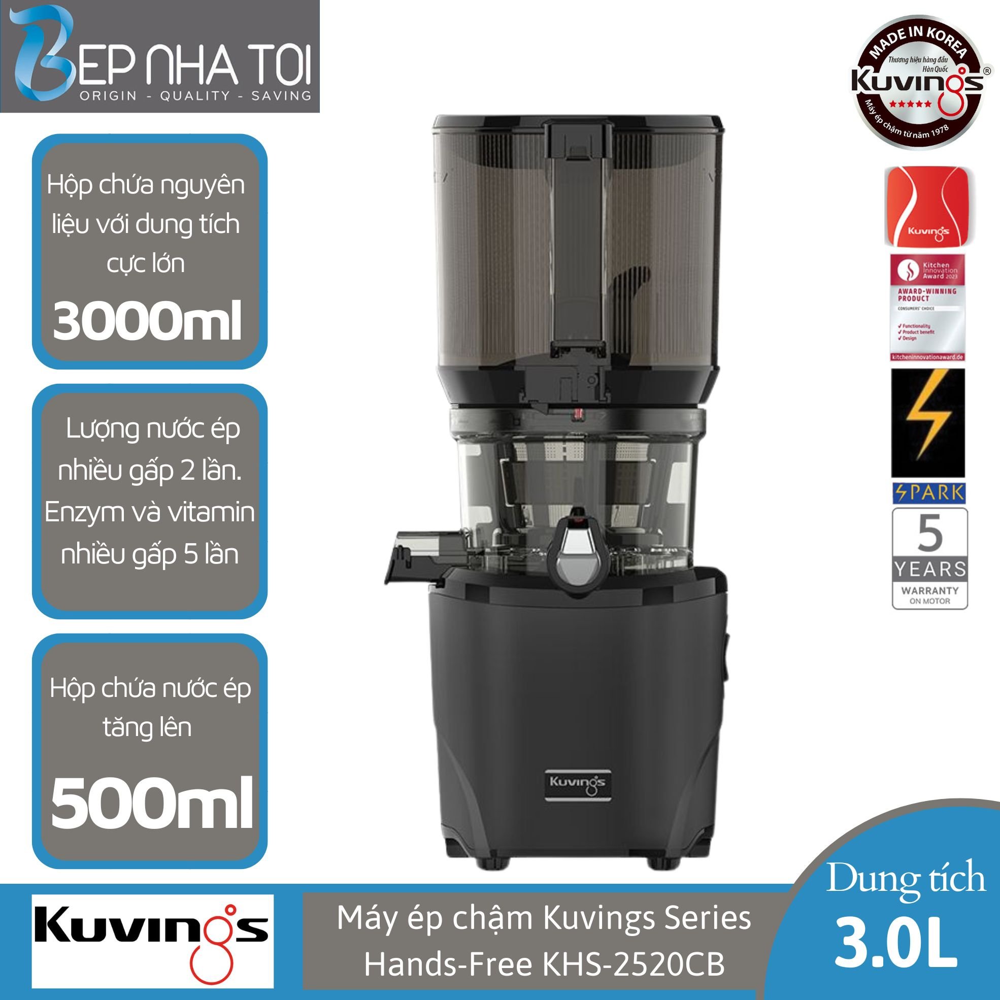 Máy ép chậm Kuvings Series Hands-Free KHS-2520CB [3.0L] - Màu Đen - Hàng chính hãng