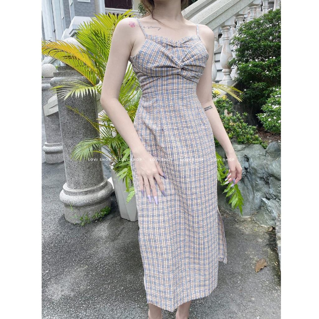 Váy Đầm hai dây caro nơ xoắn ngực suông dài (Checked dress) nhà LOVI