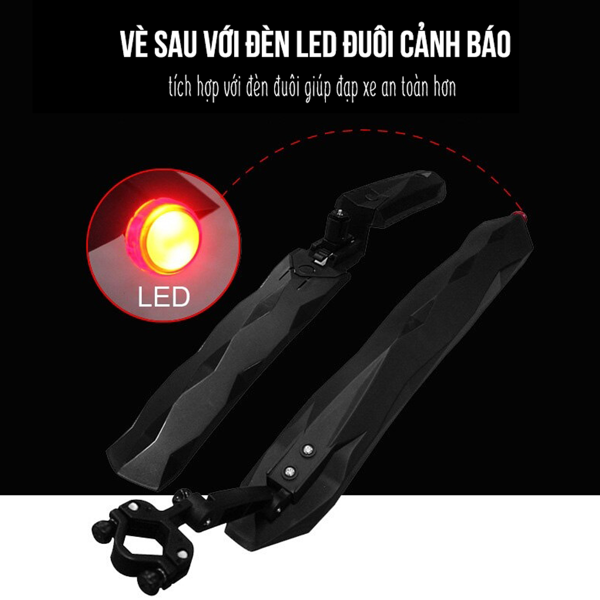 Bộ Vè Chắn Bùn Leo Núi Thể Thao Siêu Dẻo Mềm Chống Gãy 2 in 1 Cho Xe Đạp Địa Hình, MTB Tích Hợp Đèn Led Đuôi Cảnh Báo Phía Sau Màu Đỏ Mai Lee
