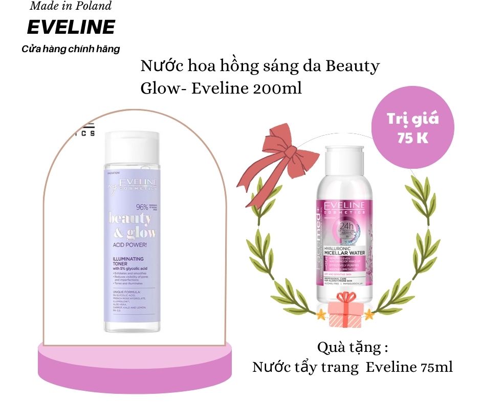 Nước hoa hồng Eveline Beauty & Glow làm sáng da Glycolic axit 200ML