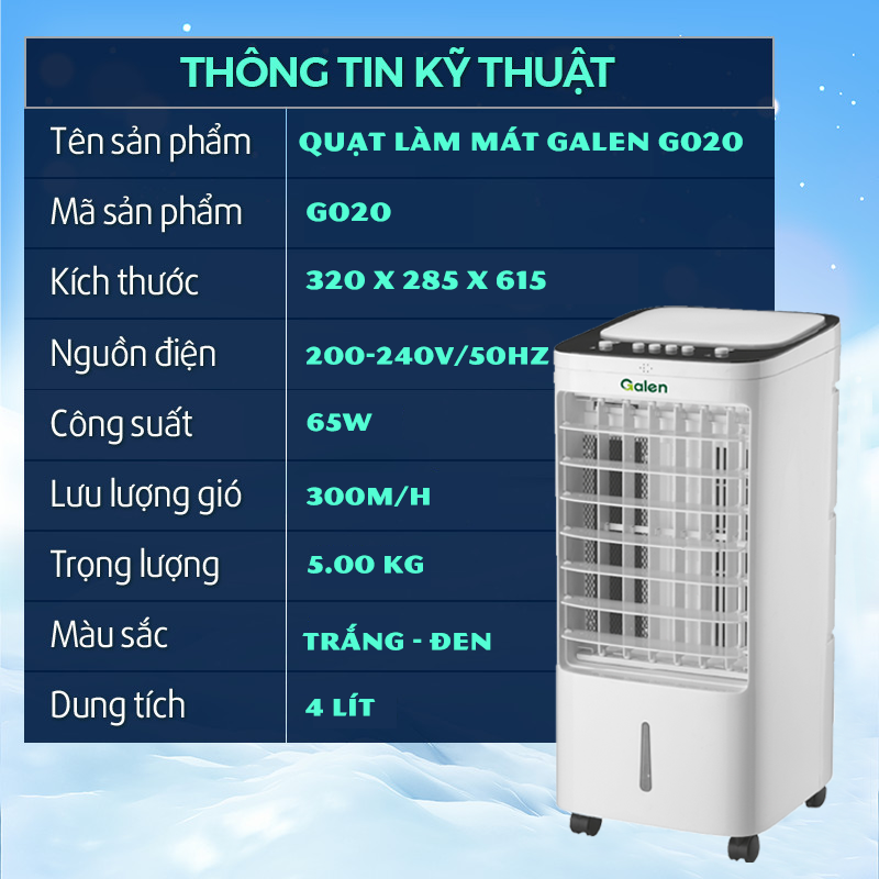 Quạt Điều Hòa Làm Mát Không Khí Galen G020 Công Suất 65W, Công Nghệ Nhật Bản, Tiết Kiệm Điện Năng - Hàng Chính Hãng