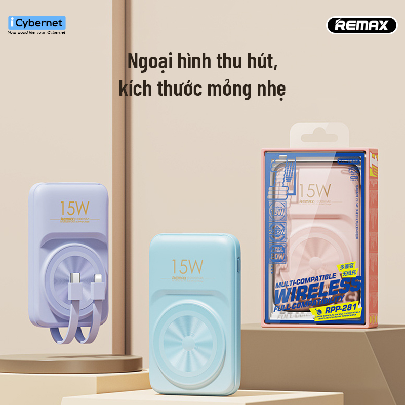 Hình ảnh Sạc dự phòng không dây từ tính Remax RPP-281 dung lượng 10000mAh kèm cáp sạc nhanh 2 chiều tiện lợi - Hàng chính hãng