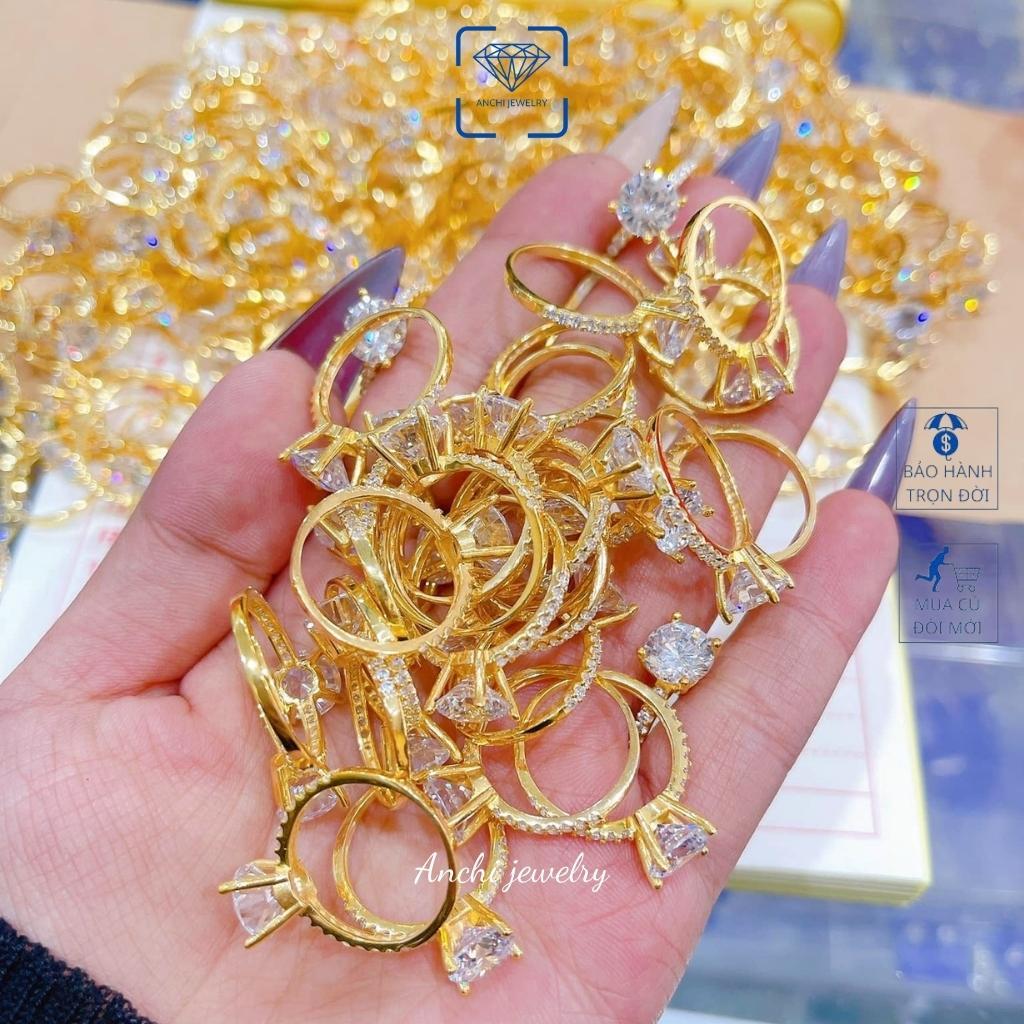 Nhẫn bạc 4 chấu cao gắn đá cubic mạ vàng giá rẻ cho nữ, Anchi Jewelry