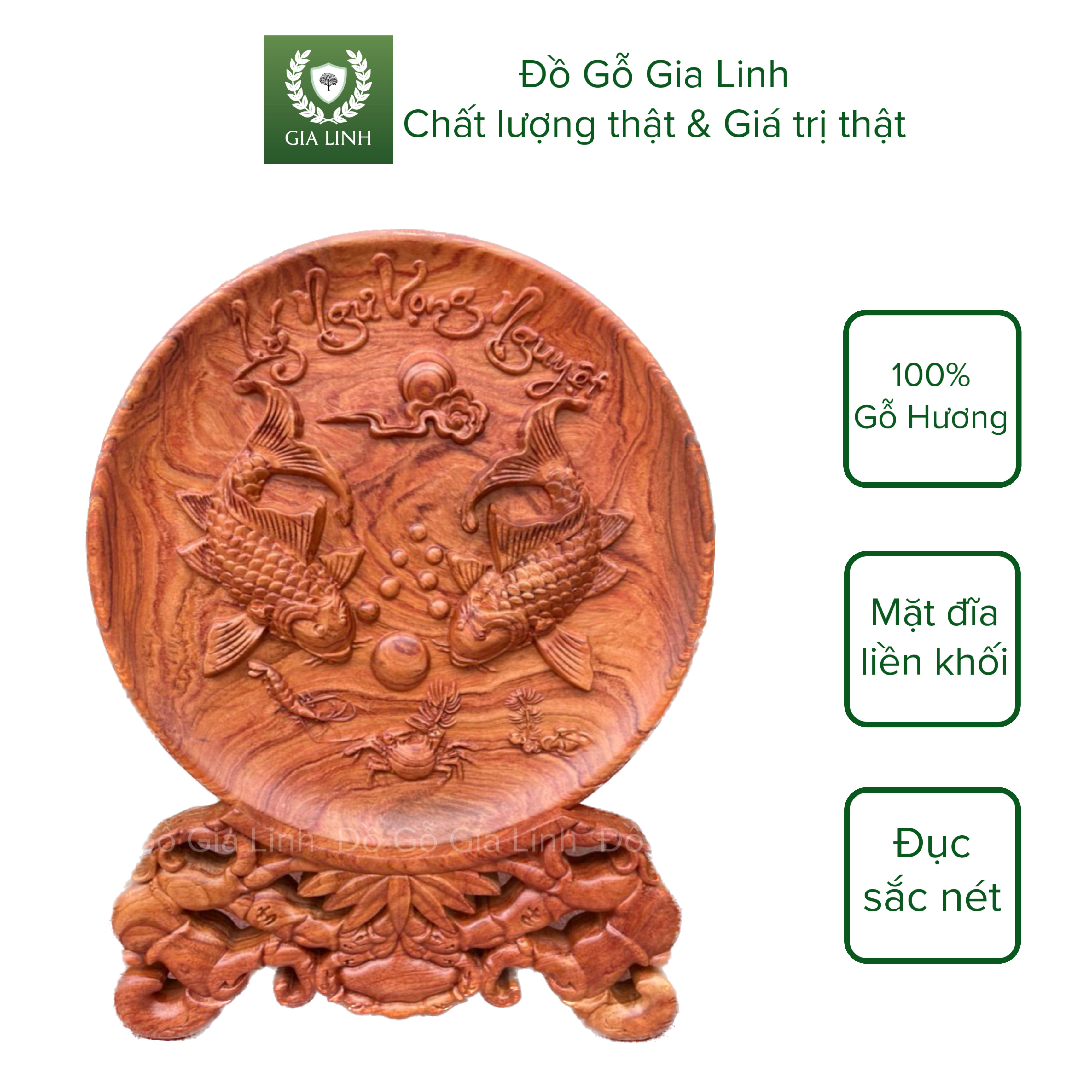 Đĩa gỗ Lý ngư vọng nguyệt Đồ Gỗ Gia Linh gỗ Hương đá liền khối kèm chân đế