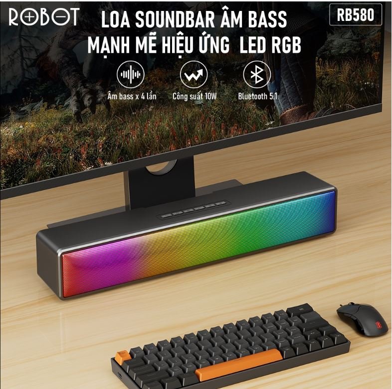 Loa Thanh Bluetooth Soundbar ROBOT RB580 10W Ultra Bass - Hiệu Ứng RGB Hỗ Trợ Kết Nối AUX-Type-C, Thẻ Nhớ - Hàng Chính Hãng Bảo Hành 12 Tháng