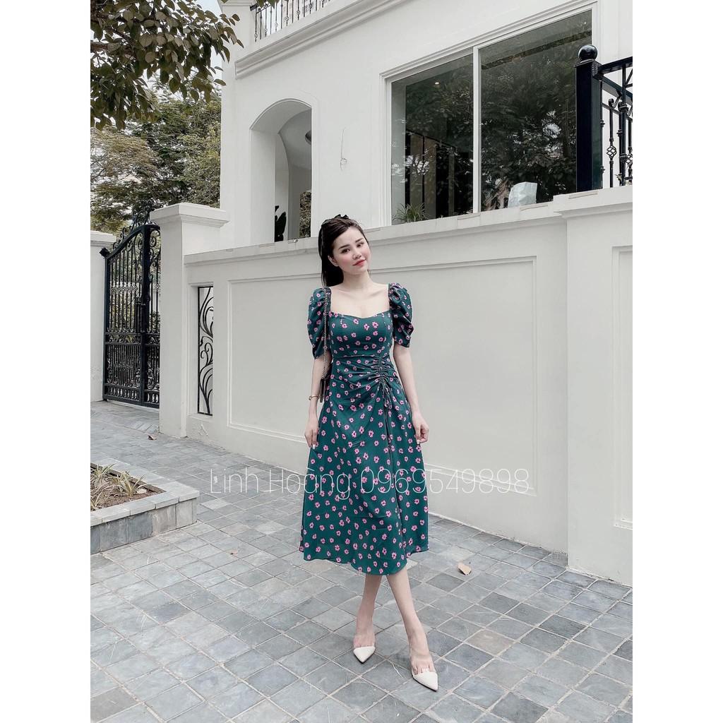VÁY XANH LÁ HOA TÍM CỔ VUÔNG DÚM EO DN386