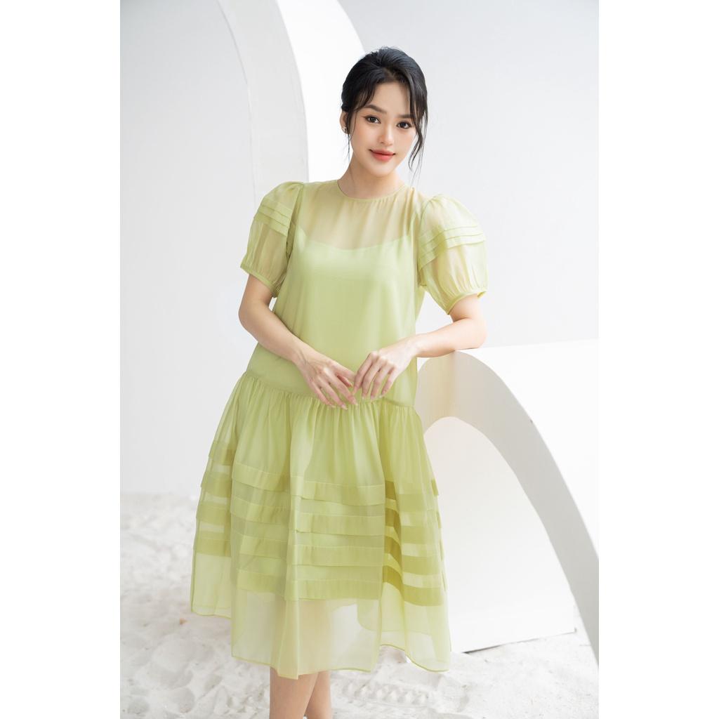 SHEAZ Đầm dáng baby xòe tơ màu xanh bơ cúc ngọc trai đá