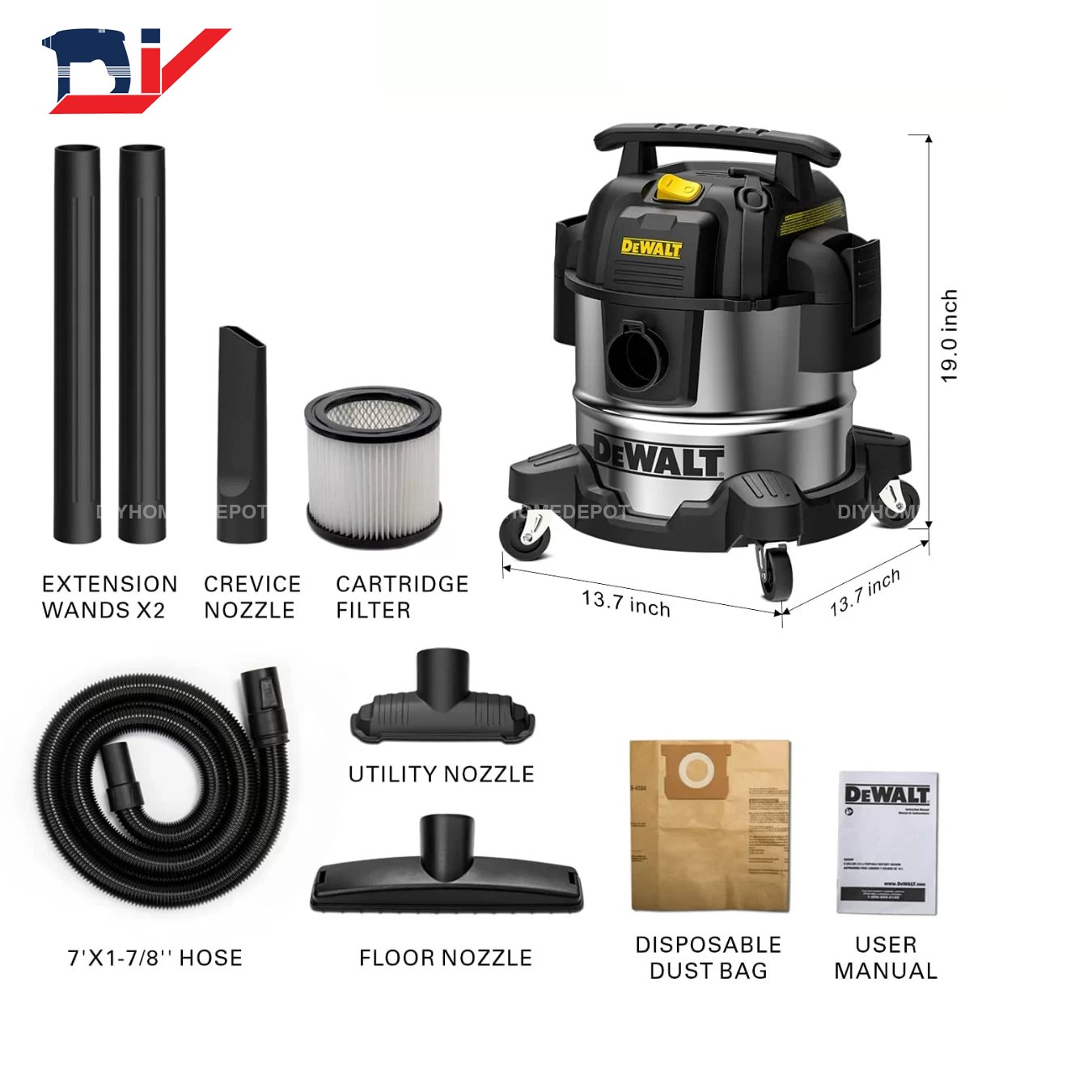 Máy hút bụi công nghiệp 3 chức năng ướt / khô / thổi 3750W 38L Dewalt DXV38S - Hàng chính hãng