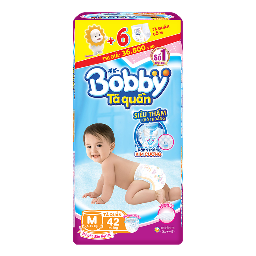 Tã Quần Bobby Gói Lớn M42 (42 Miếng) + 6 Miếng Cùng Size