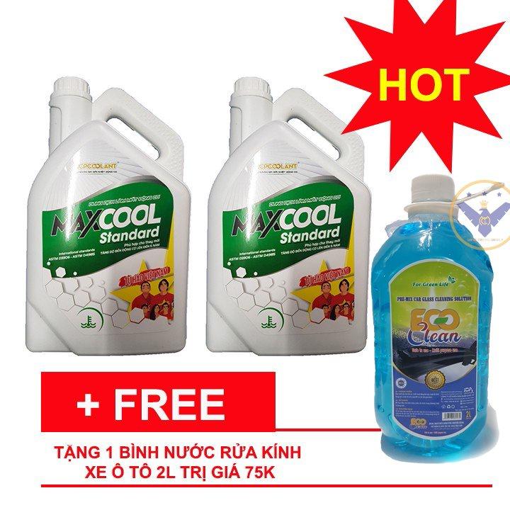 Bộ 2 can nước làm mát động cơ xe ô tô màu xanh Maxcool 4L tặng nước rửa kính 2L