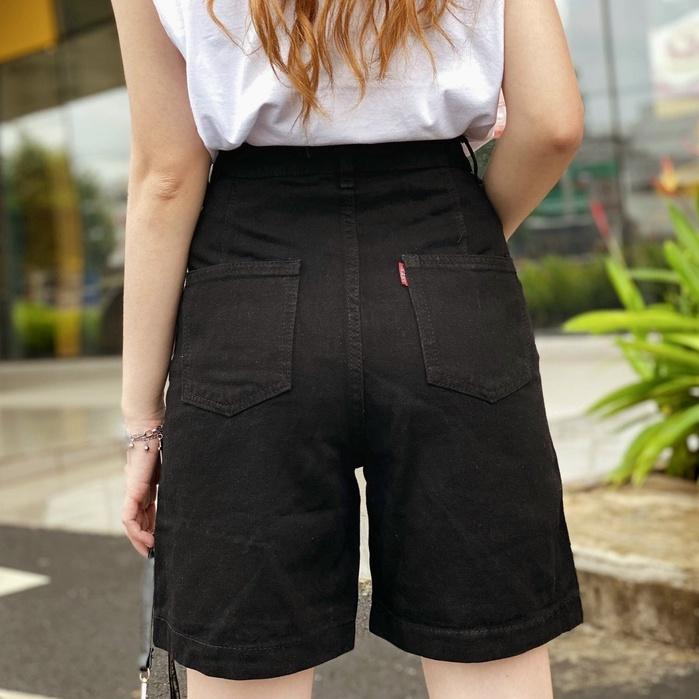 Quần short jean bò nữ Đen Basic có size, quần đùi nữ dáng ngố lửng ống rộng chất bò trơn mền dày sịn basic (J1MĐ)