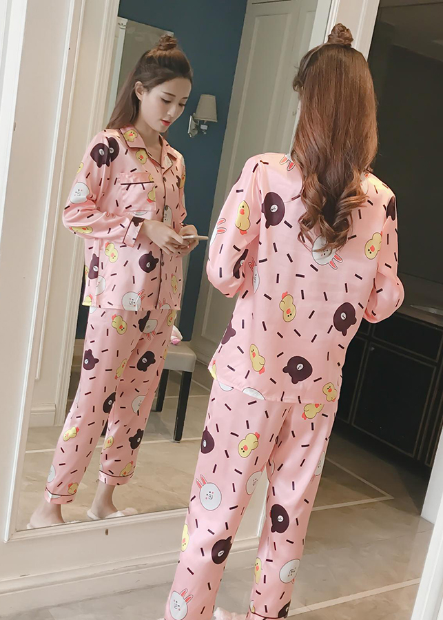 Quần áo tay dài nữ mặc nhà họa tiết mặt gấu CDANP14 - cam hồng