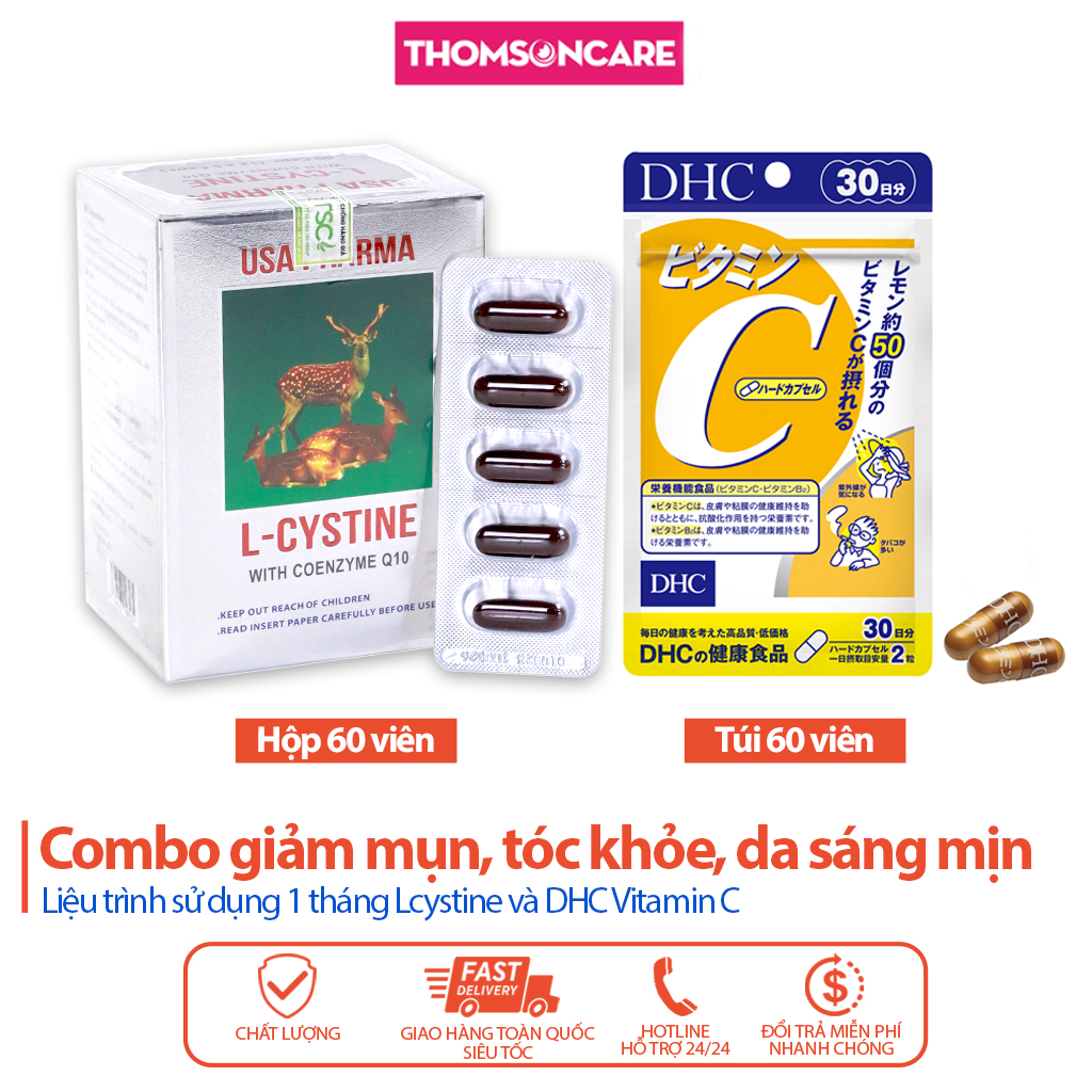 Combo trắng da Lcystine, DHC Vitamin C giúp đẹp da, giảm rụng tóc - Bổ sung vitamin c, Coenzym Q10, l crystine L cistin