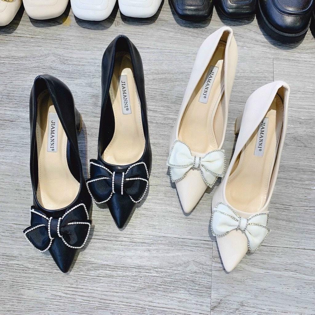 Giày cao gót mũi nhọn nơ viền hạt gót trụ vuông - 7P