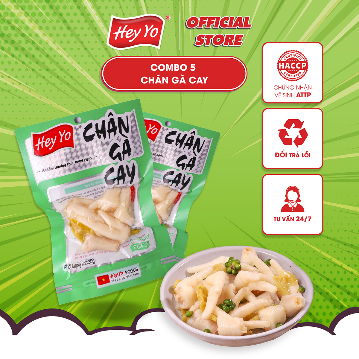 Combo 5 Chân Gà cay 80g Hey Yo, chân gà ngâm ớt xanh hàng Việt Nam thơm ngon chất lượng