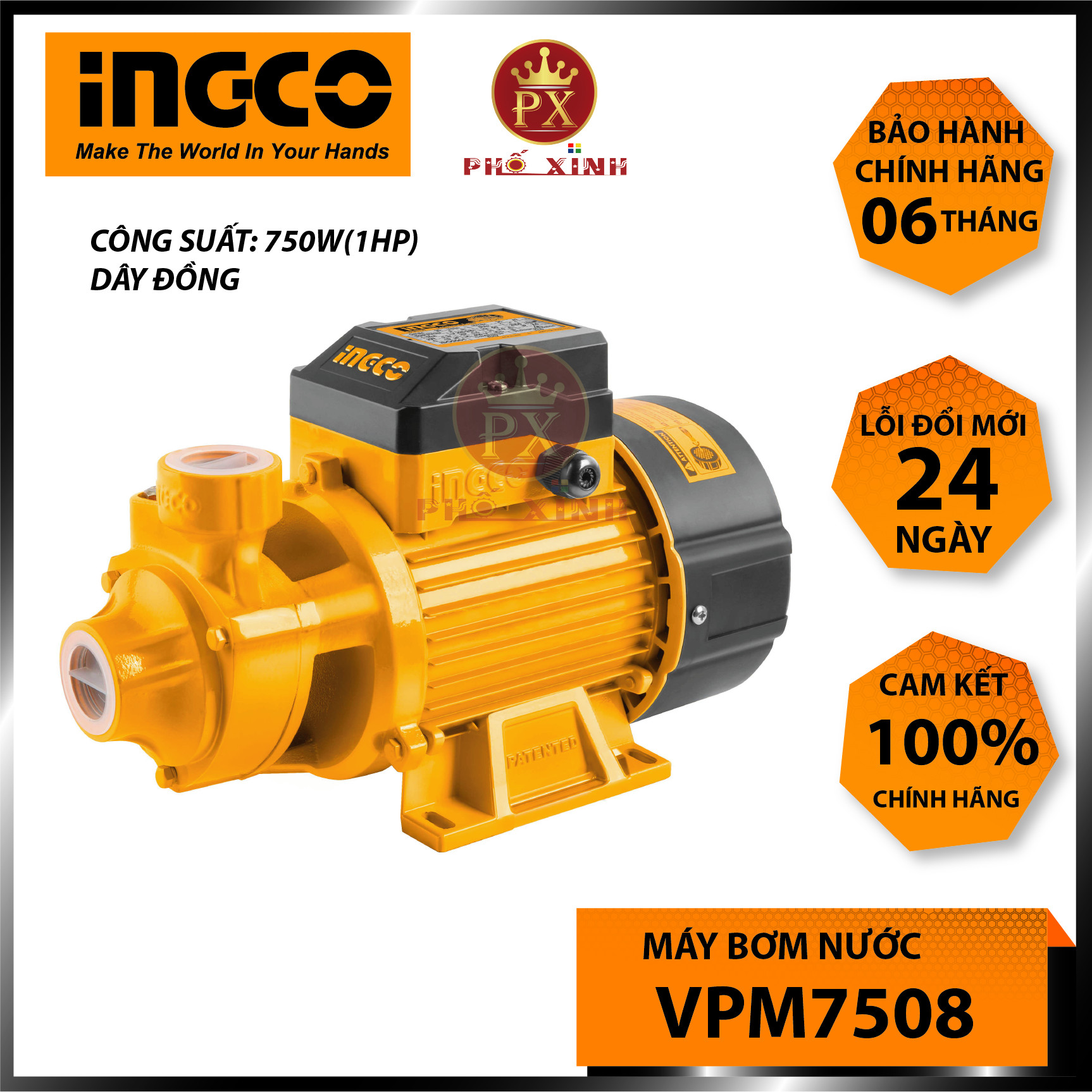 Máy bơm nước INGCO VPM7508 Máy bơm tăng áp 750W (1HP), chiều cao bơm 52m, độ hút sâu 8m, mô tơ dây đồng tăng áp lực