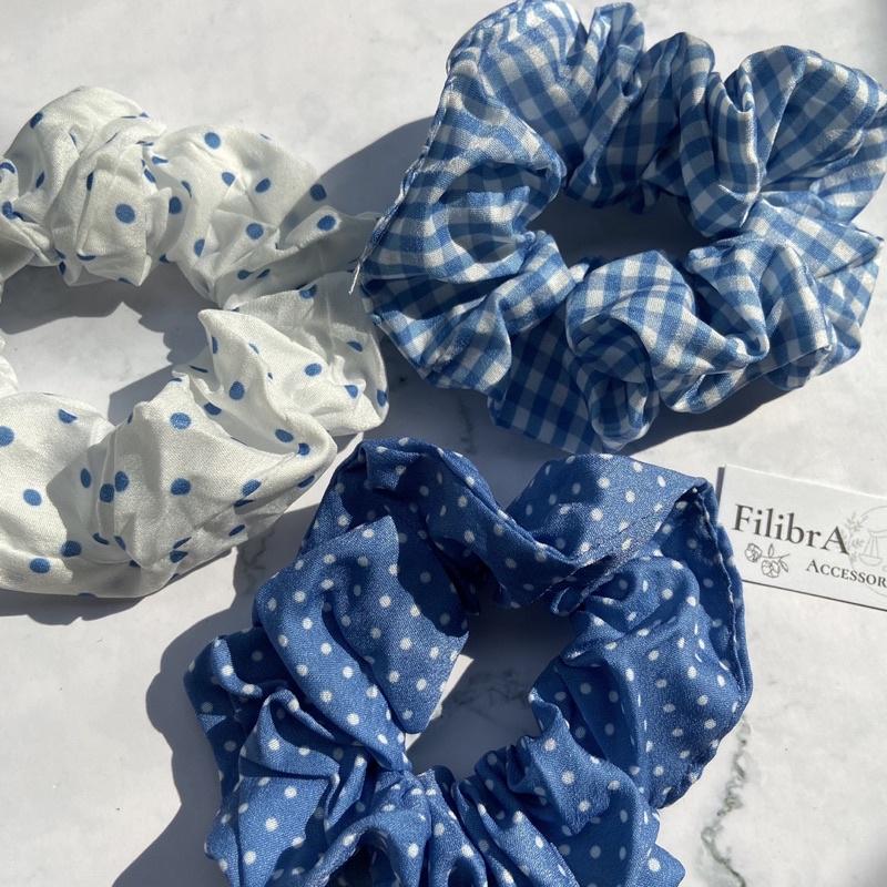 Dây buộc tóc scrunchies vải họa tiết xanh chấm bi, sọc caro phong cách Ulzzangs, phụ kiện tóc CT006 - Filibra