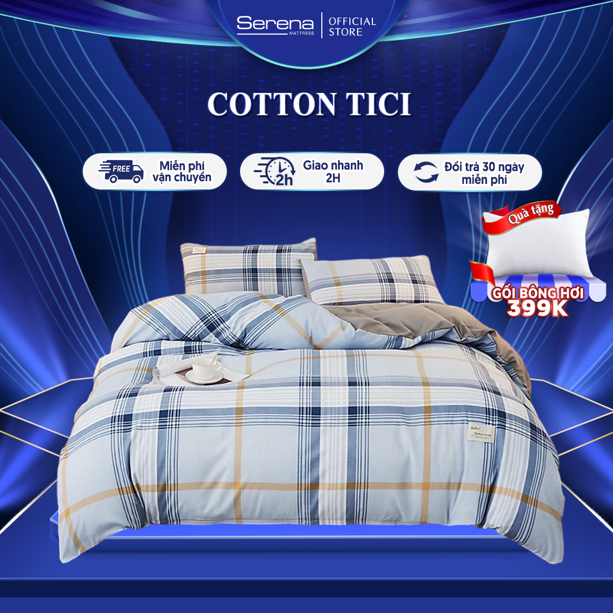 Bộ Chăn Ga Gối 5 Món Cao Cấp Cotton Tici SERENA Chính Hãng  - Bộ Chăn Ga Ra Drap Gối Mền Nệm Đệm Giường Đẹp Cotton 5 Món Khách Sạn Cao Cấp 1m2 1m4 1m6 1m8 2m 2m2x2m