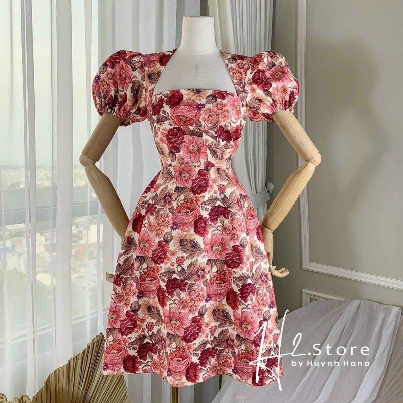 Đầm Hoa Đỏ Xòe Cổ Rộng Tay Phồng