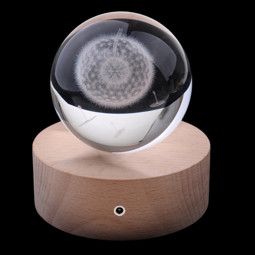 Colorful Light 80mm Dandelion Crystal Ball With Wooden Round Stand Display