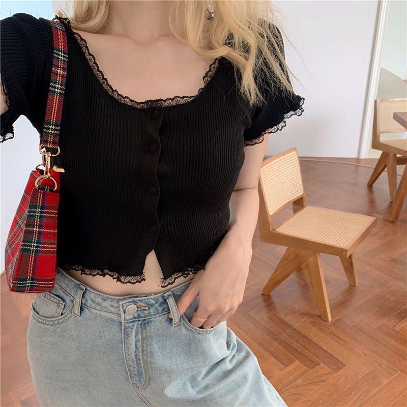 Áo croptop nữ tay ngắn bigsize 55-90kg kimfashion, Croptop bigsize phối ren phong cách Hàn Quốc AT08-D