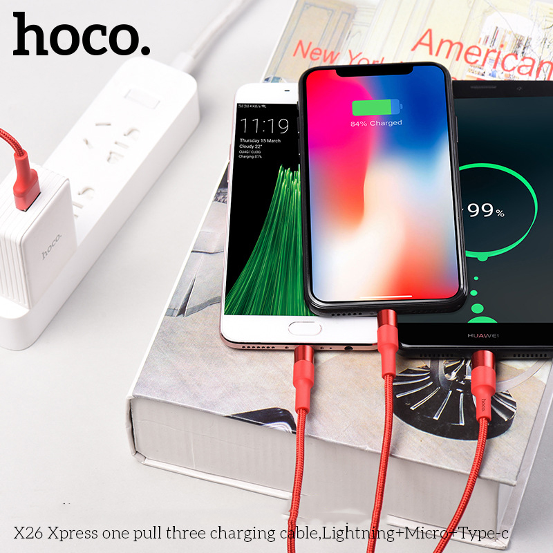 Dây Cáp Sạc Hoco 3 Đầu Bọc Dù Cao Cấp Lightning – Micro – TypeC hàng nhập khẩu